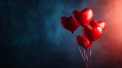 floating red heart balloons on dark gradient background, high detail, romantic and festive, elegant Valentine's Day decoration, warm and inviting