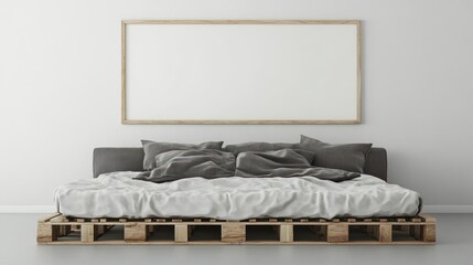 Modern interior design, plain white mock up poster frame without text or image, in bedroom with wooden pallet bed and grey sofa, white wall background