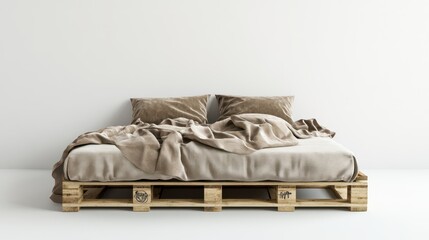 Modern interior design, plain white mock up poster frame without text or image in Scandinavian style, wooden pallet bed with beige velvet blanket and pillows on white wall background