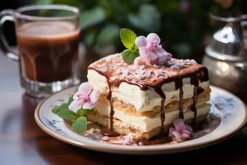 Dekadencki deser czekoladowy tiramisu na szarym talerzu