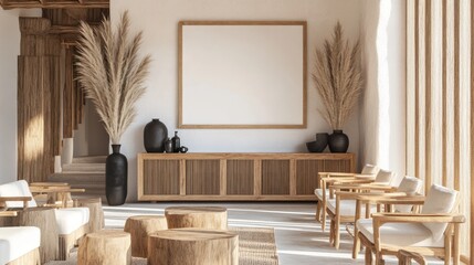 Wooden waiting area with large blank art