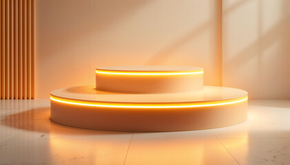 a modern round stage with a spotlight for product display and presentation. The stage has a warm and inviting glow