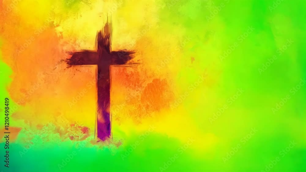 Poster dynamic color transformation of a cross from dark to vivid vibrancy