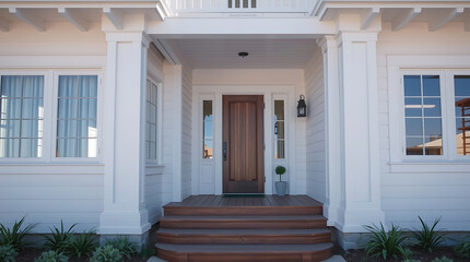 Fototapeta premium Elegant White House Exterior with Wooden Door and Porch. Modern Architecture, Real Estate, Residential Property, Home Design, Classic Style