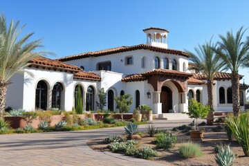 Fototapeta premium A beautiful Mediterranean Spanish Colonial house style with a white exterior, terracotta roof, and arched windows. Surrounded by palm trees and desert landscaping, it features a grand entrance.