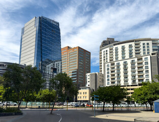 Cape town city skyscrapers against blue sky, high rise office buldings. South Africa