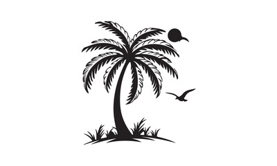 Palm silhouettes. Highly Detailed Palm Trees, Tropical trees for design about nature. A palm tree isolated on white. Black palm trees set isolated on white background.