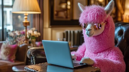 Fototapeta premium A pink cool freelance llama in sunglasses is working at a computer in a relaxed atmosphere in a luxury room of a modern hotel. She sends congratulations on February 14th, Valentine's Day.