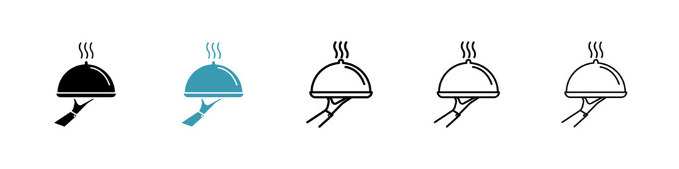 Hand holding tray icons in black and blue set