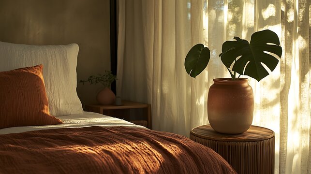 Sunlit bedroom, terracotta plant, linen bedding, calm morning