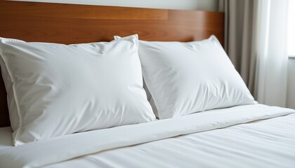 A cozy hotel room featuring a white-sheeted bed with a wooden headboard and a curtained window