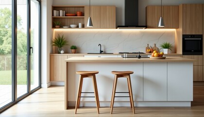 Modern Kitchen with Wooden Cabinetry, Fruit Island, Sink, Stove, Microwave, Pendant Lights
