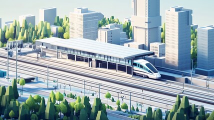 3D illustration of a modern city with a train station, high-speed rail, and buildings around the station