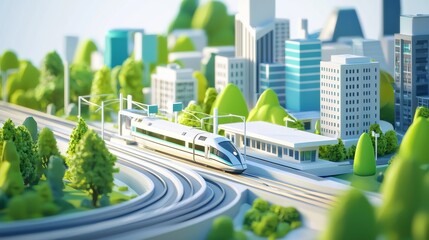 Fototapeta premium 3D illustration of a modern city with a train station, high-speed rail, and buildings around the station