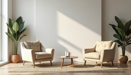 Modern Living Room Scene: Cream Chairs, Books, Plants, and Wood Floor