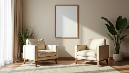 Modern Living Room with Cream Chairs, Potted Plant, and Lar Mirror Under Natural Light