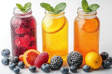 Refreshing fruit-infused iced beverages in glass bottles, garnished with mint.  Perfect summer drinks!