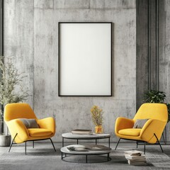icture frame mockup hanging on the wall of an industrial-style living room, with yellow armchairs and a coffee table with books nearby.