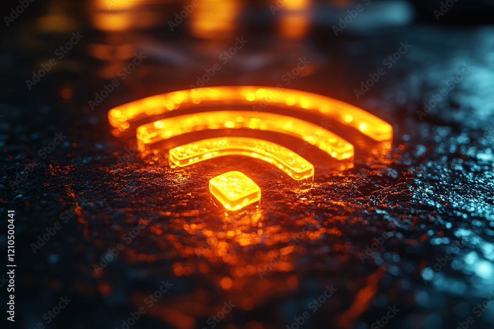 Poster glowing wifi symbol on dark surface. represents connectivity and technology.