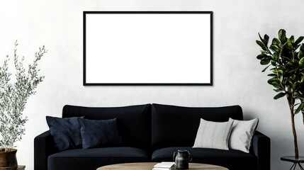 Plain blank frame photo on the wall in urban living room with black sofa and coffee table, white background, mockup template for artwork or poster print.