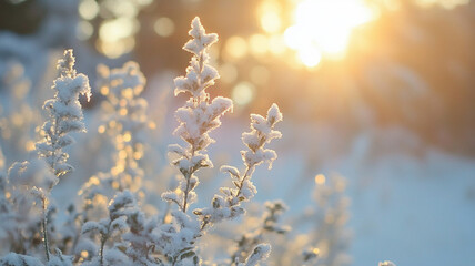 Frost-covered plants illuminated by soft sunlight, with a blurred background of a winter landscape