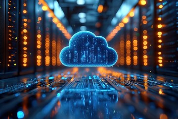 Digital cloud icon above server room floor.  Data center technology concept.