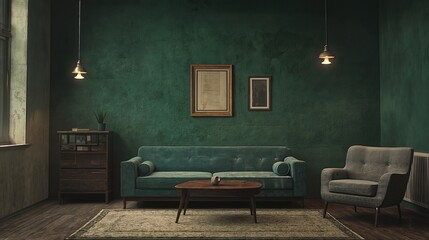 a cozy living room with dark green walls and furniture.
