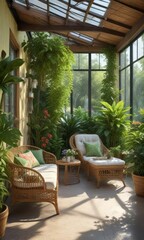 Fototapeta premium Abundant green plants and flowers in a contemporary sunroom with comfortable wicker furniture, calming decor, plants, greenery