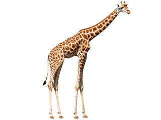 Fototapeta premium A giraffe with its head turned to the side, showcasing its distinctive neck and legs, on a transparent background