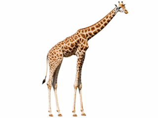 A giraffe with its head turned to the side, showcasing its distinctive neck and legs, on a transparent background