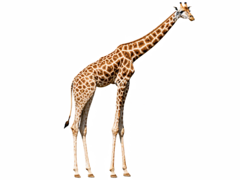 A giraffe with its head turned to the side, showcasing its distinctive neck and legs, on a transparent background