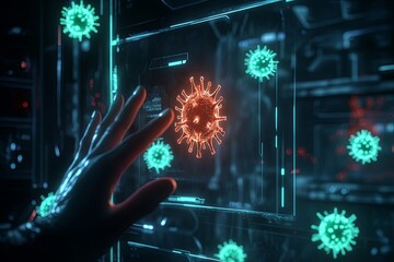 Human hand reaching out with warning hologram displaying Covid-19 virus icon and alert messages, dark tech background