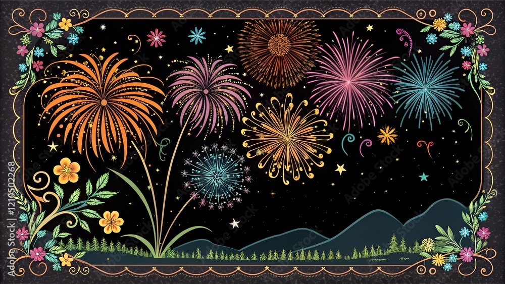 Fototapete illustration decorative border with colorful exploding fireworks in the sky on black transparent bac