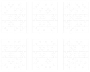 Illustration of six different white puzzles, separate pieces		