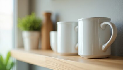 Fototapeta premium Wooden Shelf Arranment: Three White Mugs and Potted Plant Against Blurred Background with Window View