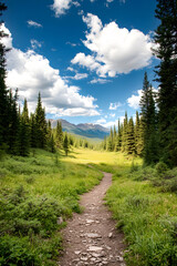 Scenic mountain trail surrounded by lush evergreen forest under a vibrant blue sky with fluffy clouds : Generative AI