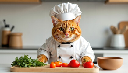 Cat chef preparing vegetables in a modern kitchen