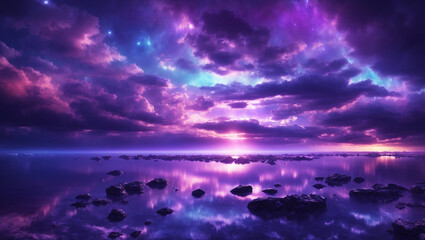 A dramatic landscape illustration shows a purple sunset over water. Clouds and reflections add an ethereal quality. It is an example of the type of image found in the Adobe Stock interface.