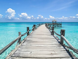 Obraz premium Aged wooden bridge with a view of the open sea, nostalgia, ancient