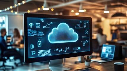 A close-up of a cloud storage dashboard on a desktop monitor, showing file syncing and collaboration tools, with office employees working together in the background