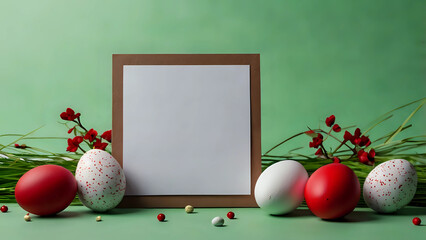 Easter banner with a blank sheet of paper and Easter red and white eggs on a bright green background.