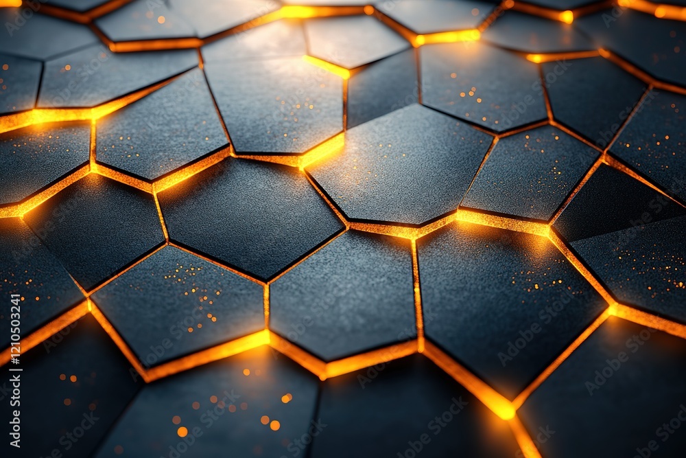 Poster abstract hexagonal pattern with glowing edges. dark metallic texture with orange light accents.
