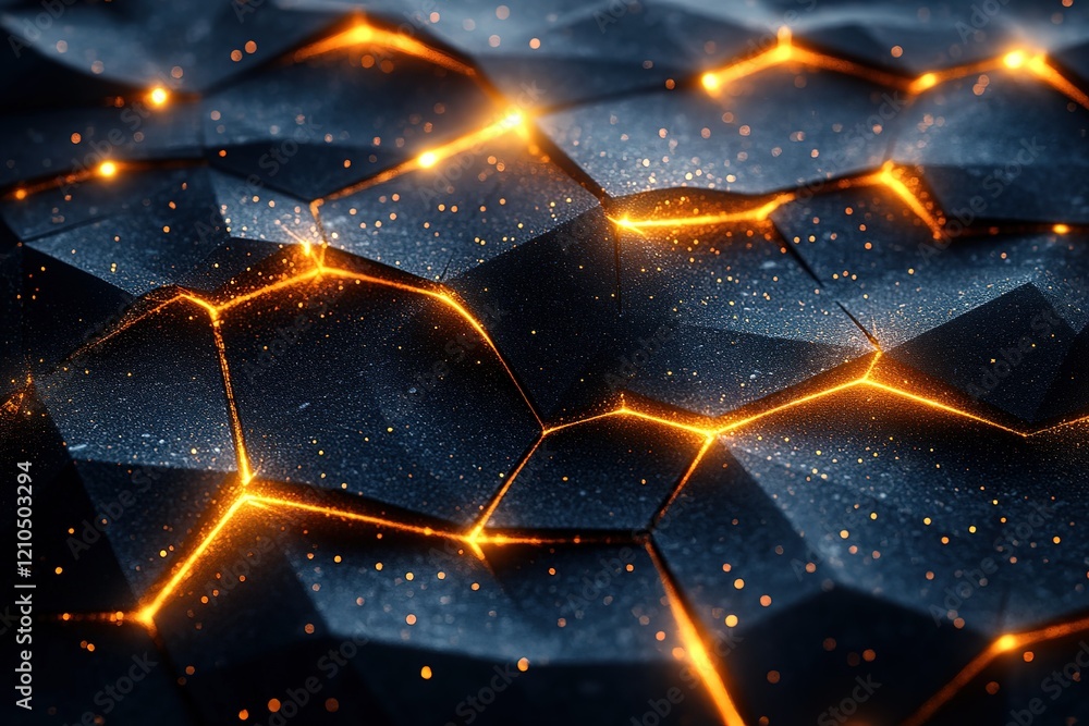 Poster glowing geometric abstract background. dark hexagonal shapes with bright orange lines.