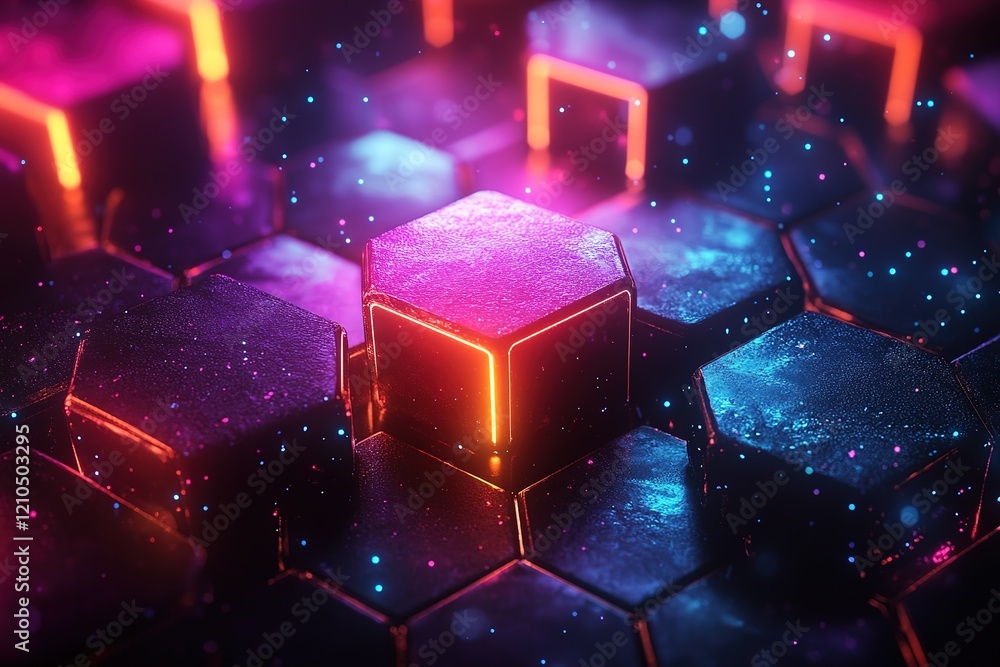 Poster glowing hexagonal structures in vibrant neon colors. abstract digital art background.