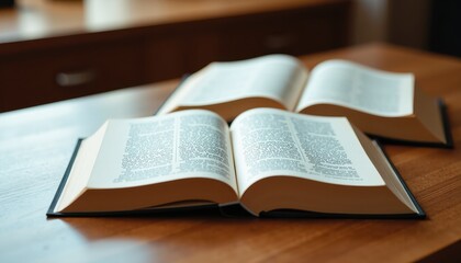 Two Open Books on a Wooden Table: Varied Sizes and Colors Against Blurred Background