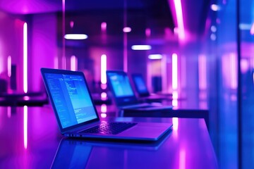 A vibrant modern office space featuring a row of laptops with coding interfaces, illuminated by futuristic neon pink and purple lights