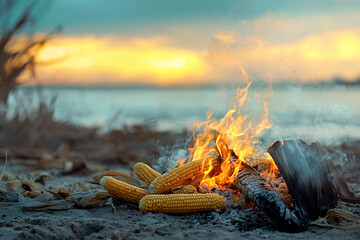 Fototapeta premium smoky corn cobs on beach bonfire