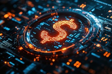 Digital dollar sign in futuristic interface.  Cybersecurity and finance concept.