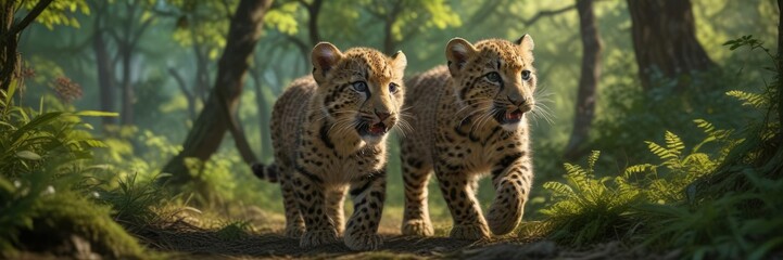 Fototapeta premium Amur leopard cubs chasing each other in the forest undergrowth , forest, cubs