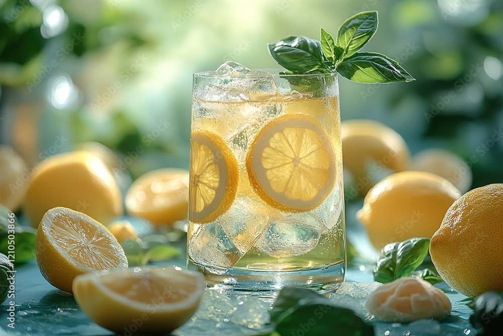 Poster refreshing lemonade with lemon slices and basil.